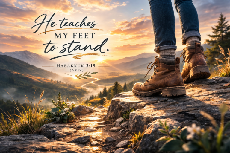 A woman standing on a rocky mountain path at sunrise with the scripture Habakkuk 3:19 NKJV "He teaches my feet to stand"