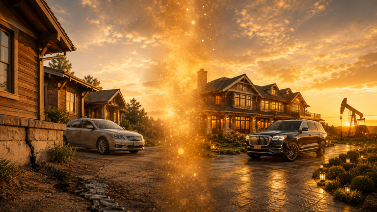 Still On The Journey Ministries Minister Jane Coy inner healing after trauma blog. Oil seeping from a modest home foundation on the left transforming through a warm golden light into an upgraded craftsman estate with a luxury SUV and working oil pump jack on the right, illustrating that what surfaces unexpectedly underneath can become the source of something greater when it is tended to. Faith based trauma healing for Christian women on the healing journey.